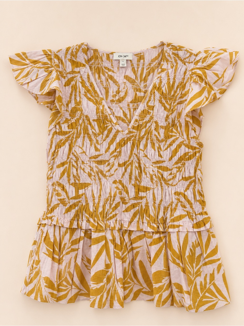 ON 34th Pink and Mustard Leaf-Print Smocked Peplum Blouse